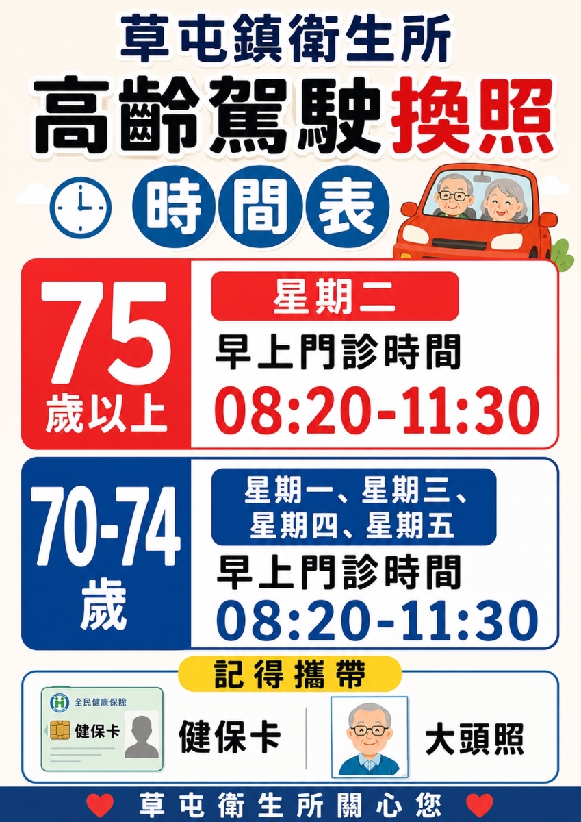 草屯鎮衛生所高齡駕駛換照體檢時間表